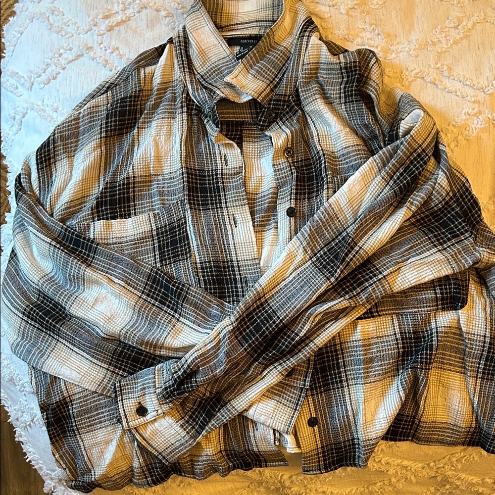 Forever 21 Plaid Button-Up Shirt - Black, White, Tan